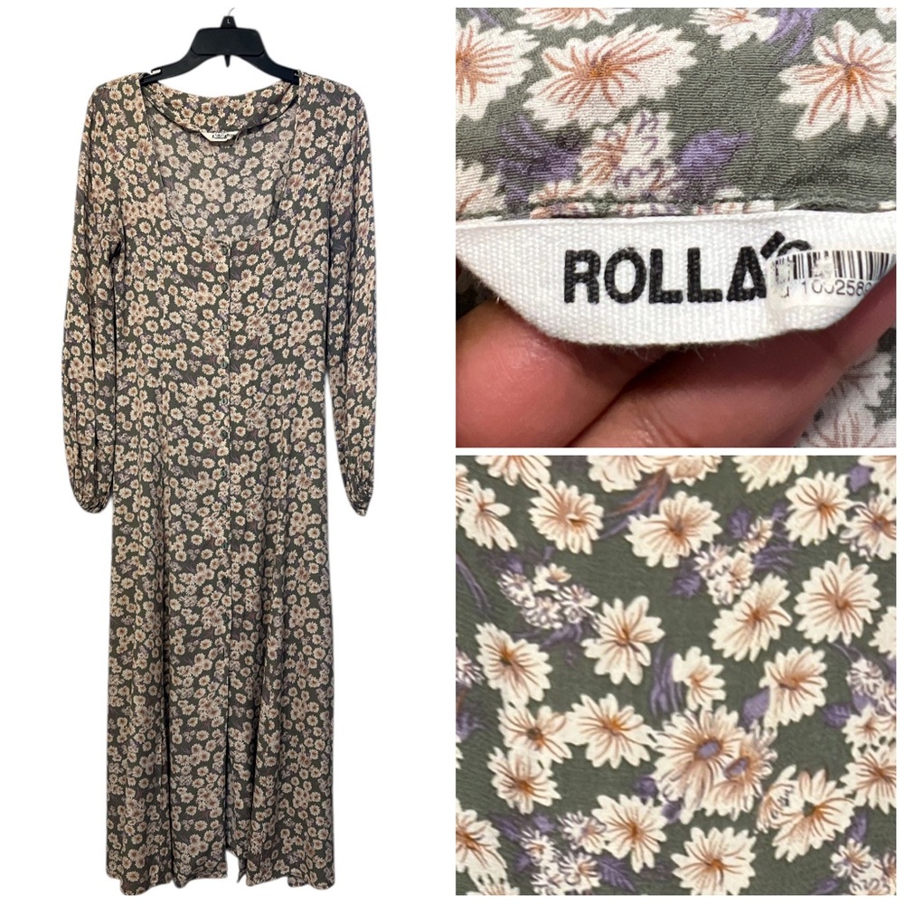 ROLLA’S Ditsy Flower Floral Long Sleeve Button Boho Down Maxi Dress Sz M